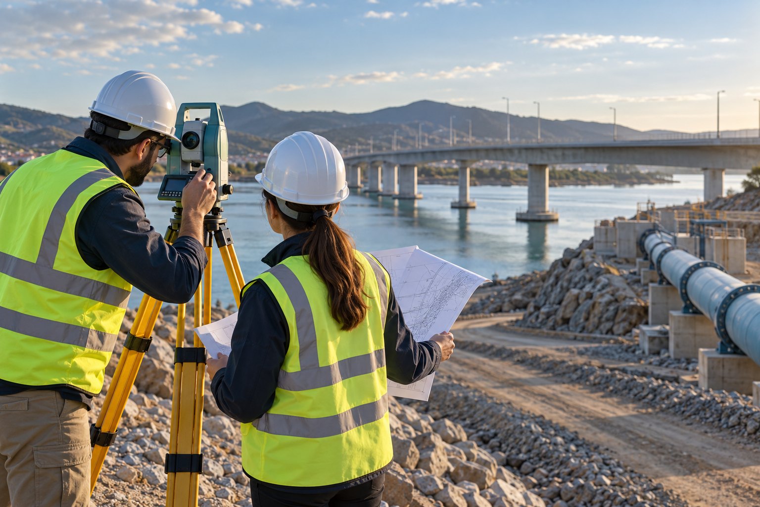 Civil engineers surveying infrastructure with a total station and drawings - concept illustration