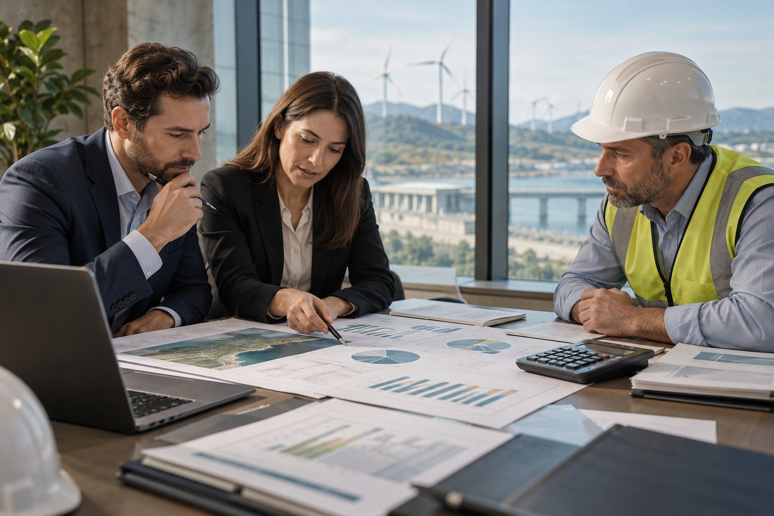 Finance and engineering specialists reviewing infrastructure investment documents - concept illustration