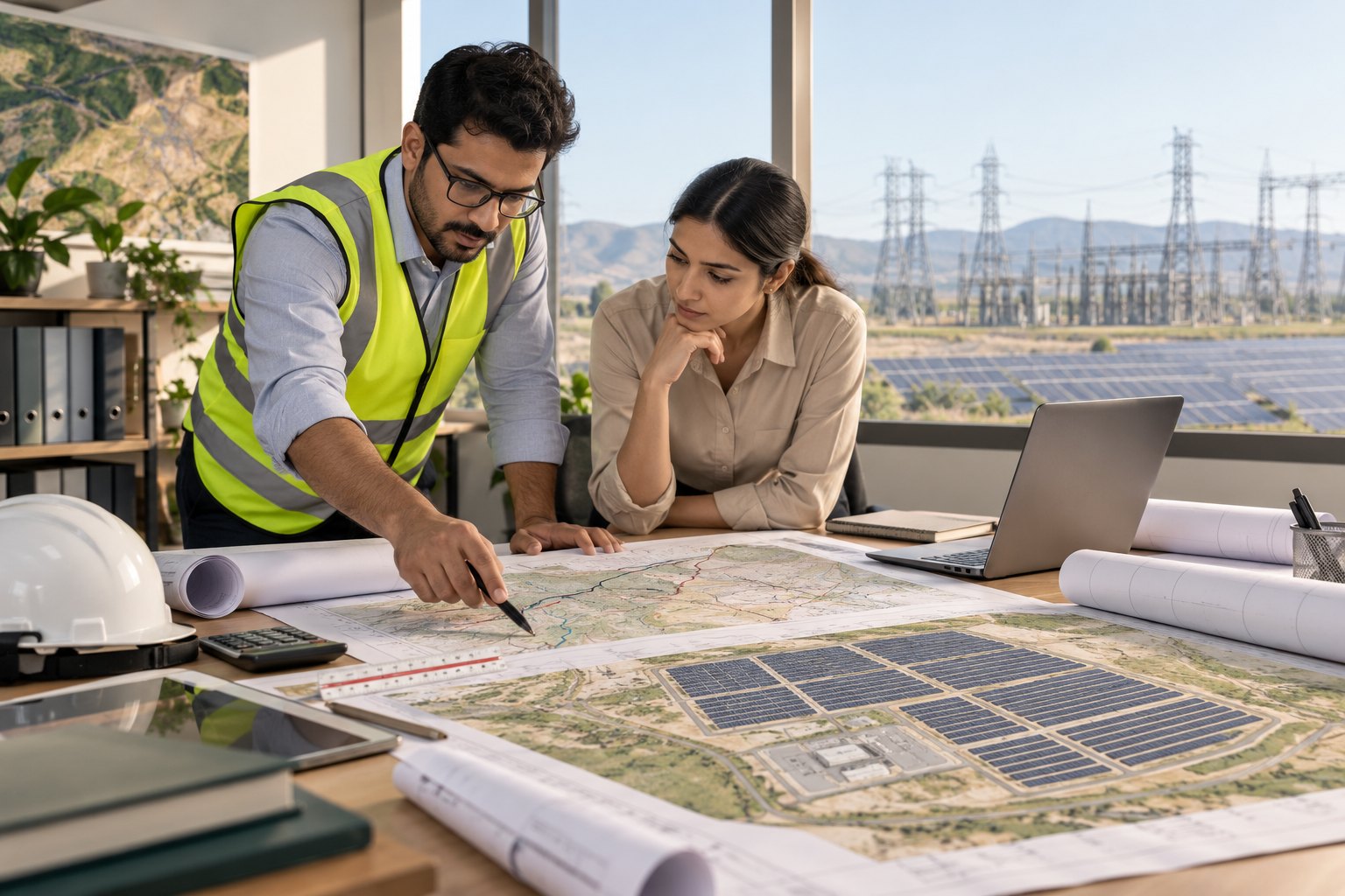 Power planning engineers reviewing solar project feasibility and site plans - concept illustration